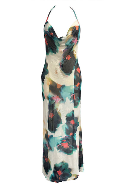 Vestidos sexis de falda de un solo paso con escote halter, espalda descubierta y encaje con estampado floral