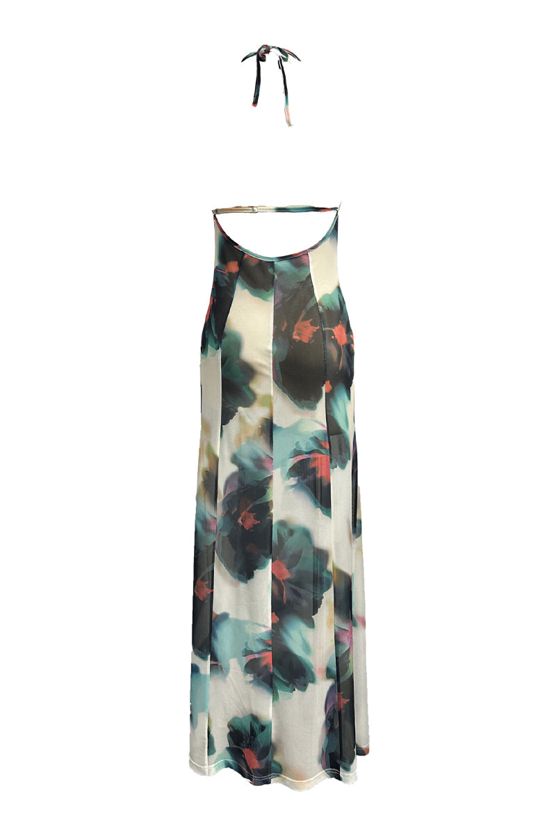Vestidos sexis de falda de un solo paso con escote halter, espalda descubierta y encaje con estampado floral