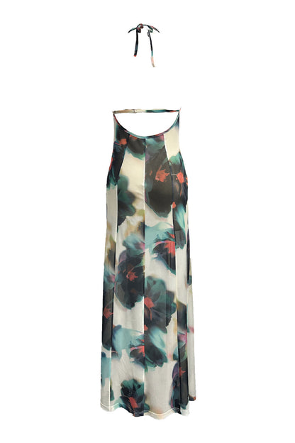 Vestidos sexis de falda de un solo paso con escote halter, espalda descubierta y encaje con estampado floral