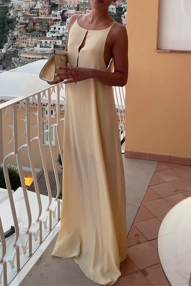 Vestidos sexis de vacaciones de color sólido con aberturas en la espalda y cuello redondo con tirantes