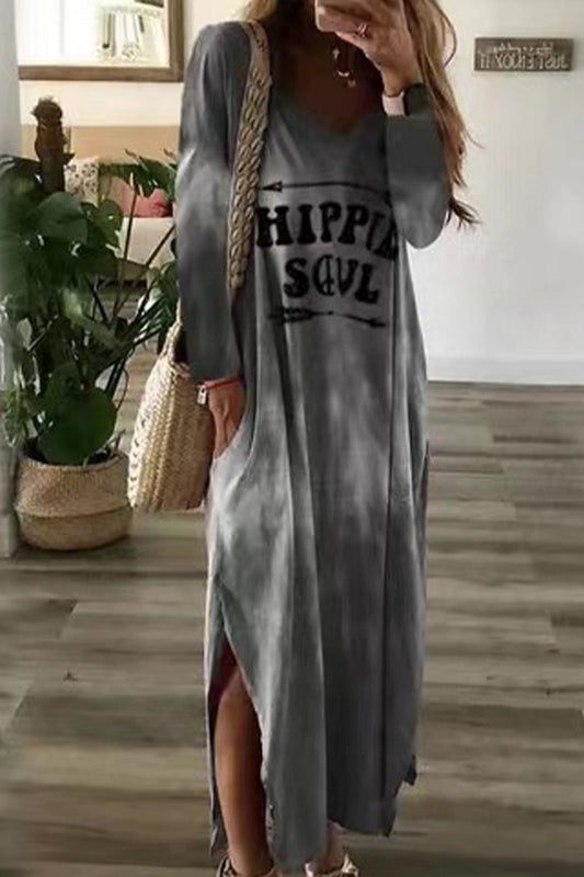 Vestidos casuales de diario con estampado degradado, letras, bolsillo, cuello en V y manga larga