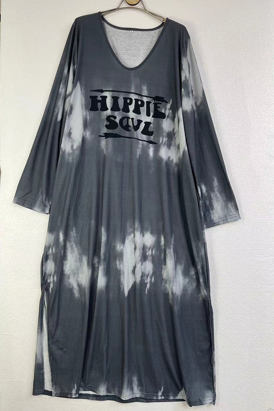 Vestidos casuales de diario con estampado degradado, letras, bolsillo, cuello en V y manga larga