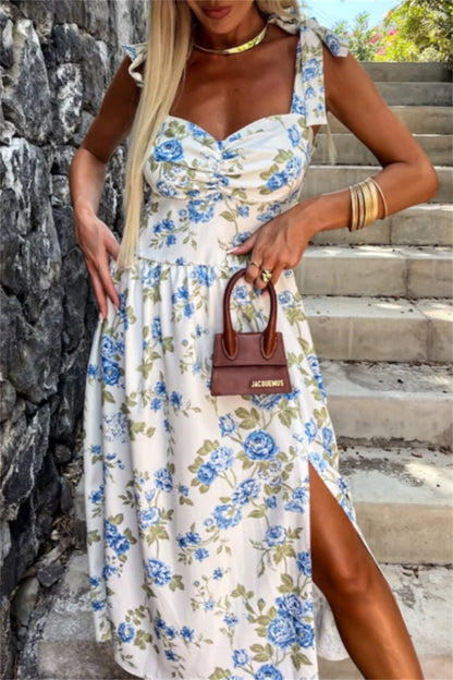 Vestido informal sin mangas con estampado floral, espalda descubierta, cinturón y tirantes finos (7 colores)