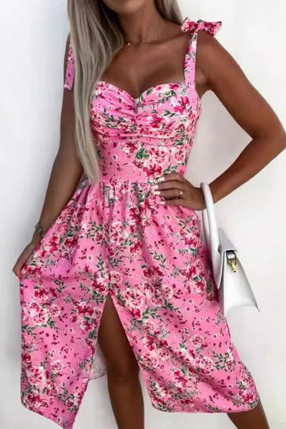 Vestido informal sin mangas con estampado floral, espalda descubierta, cinturón y tirantes finos (7 colores)