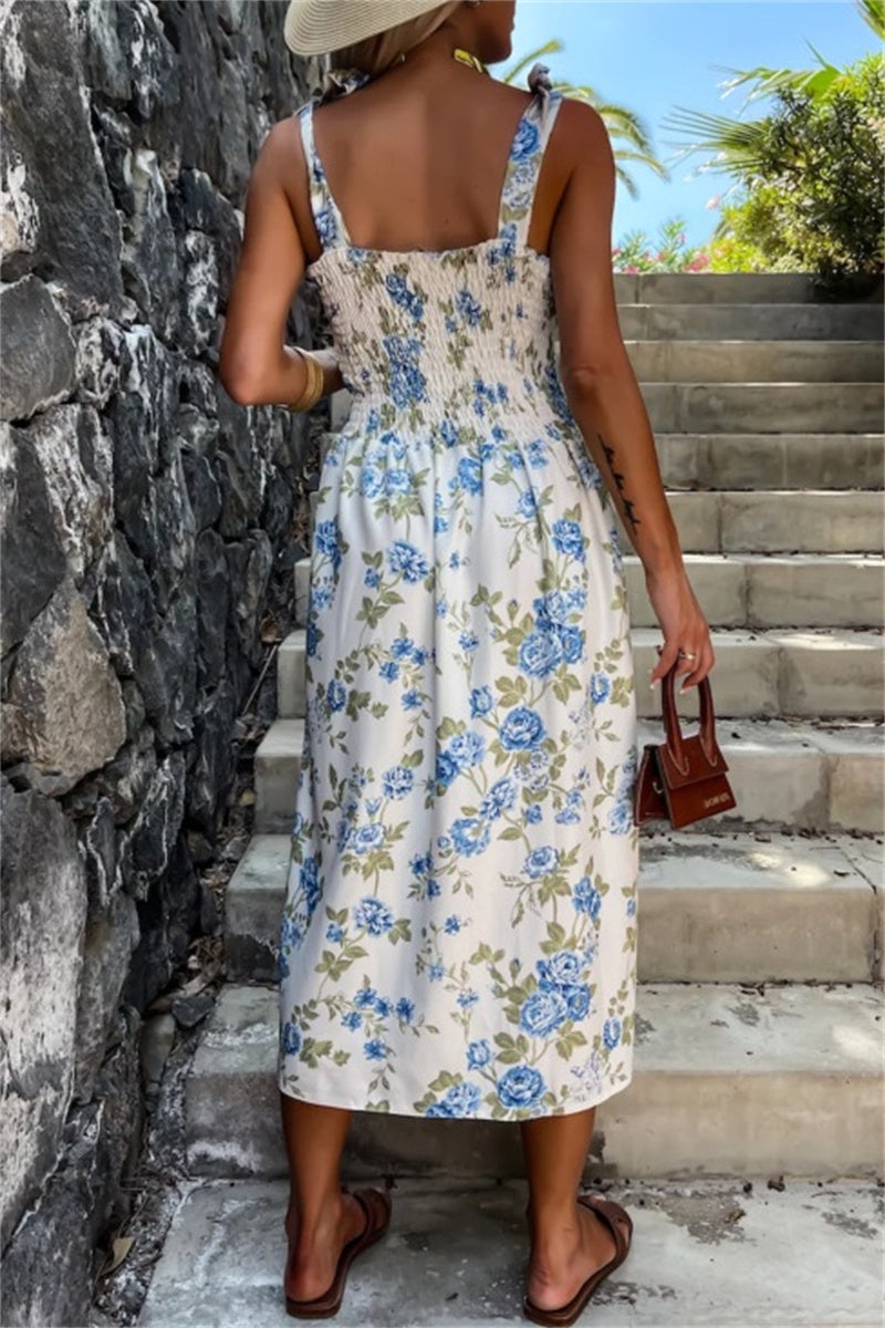 Vestido informal sin mangas con estampado floral, espalda descubierta, cinturón y tirantes finos (7 colores)