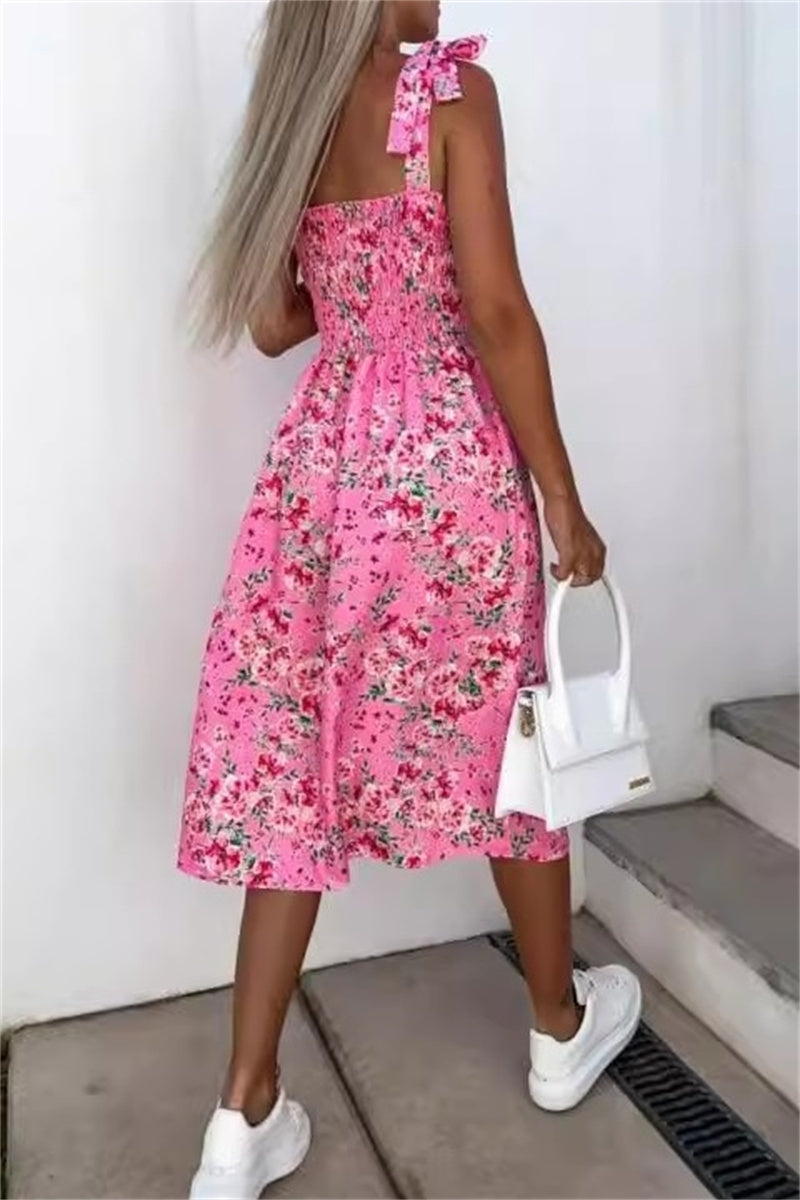 Vestido informal sin mangas con estampado floral, espalda descubierta, cinturón y tirantes finos (7 colores)