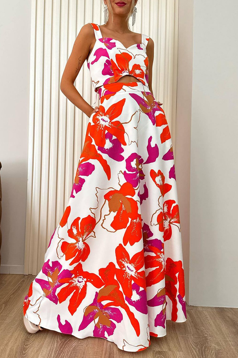 Elegante conjunto de dos piezas sin mangas con cuello cuadrado y bolsillo con estampado floral