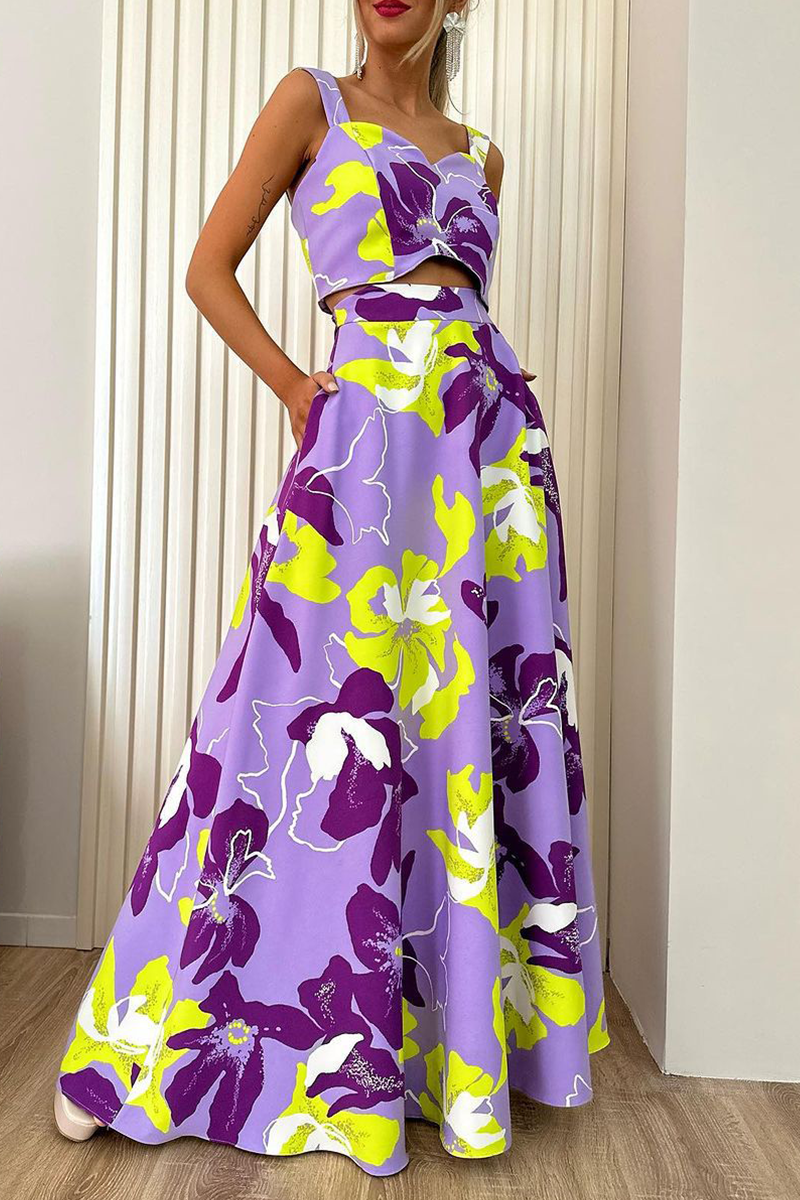 Elegante conjunto de dos piezas sin mangas con cuello cuadrado y bolsillo con estampado floral