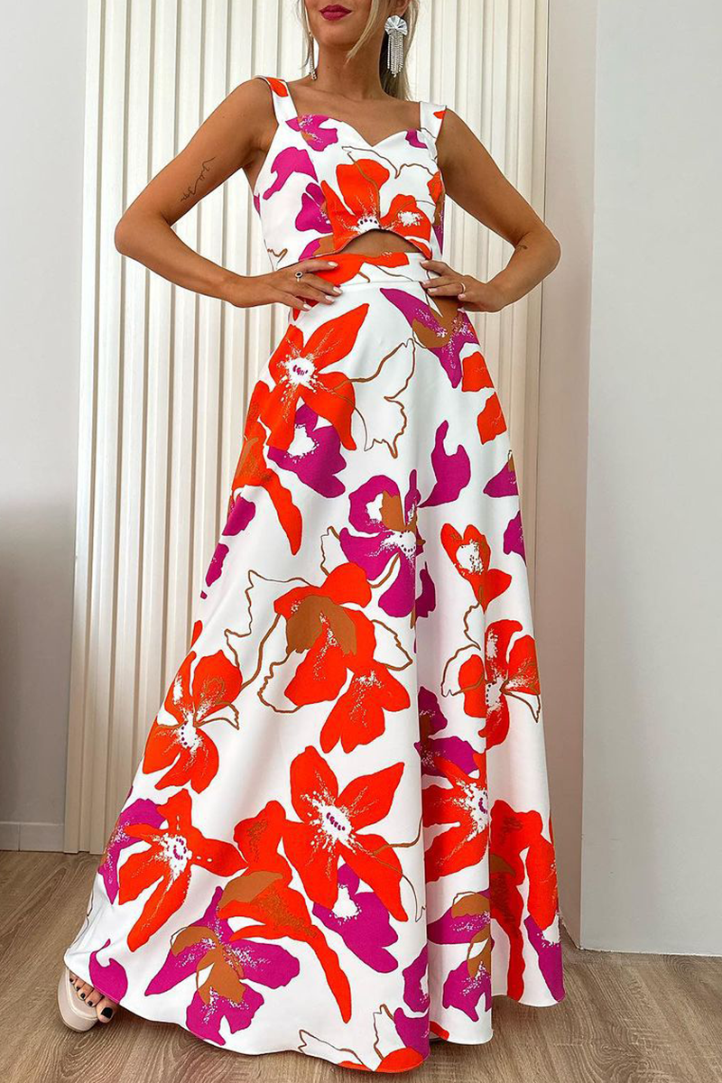 Elegante conjunto de dos piezas sin mangas con cuello cuadrado y bolsillo con estampado floral