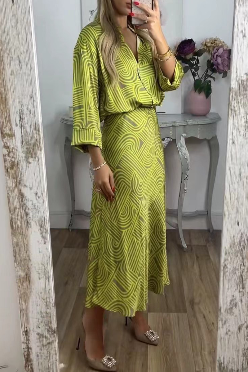 Conjunto de dos piezas, tres cuartos, cuello vuelto, botones y estampado geométrico elegante de uso diario (3 colores)