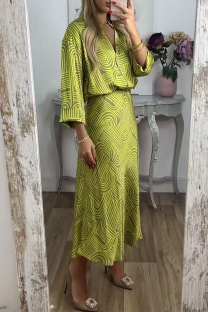 Conjunto de dos piezas, tres cuartos, cuello vuelto, botones y estampado geométrico elegante de uso diario (3 colores)