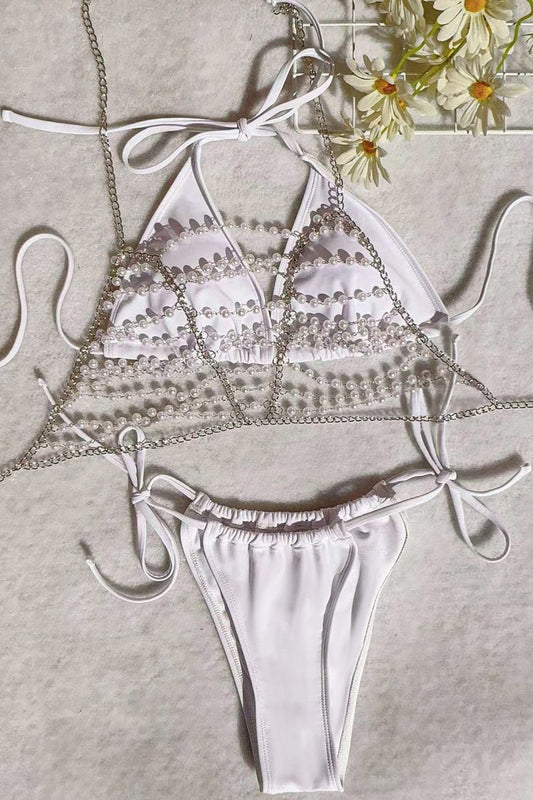 Traje de baño sexy de tres piezas con cadenas de color sólido, espalda descubierta y decoración de perlas (con relleno)