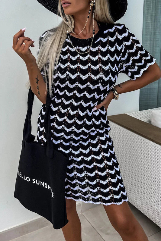 Vestido playero informal de manga corta con cuello redondo y rayas para vacaciones