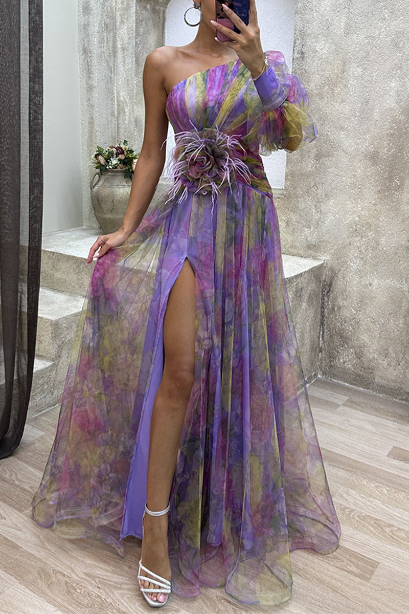 Elegant Floral Patchwork Oblique Collar Printed Dress Dresses(3 Colors)