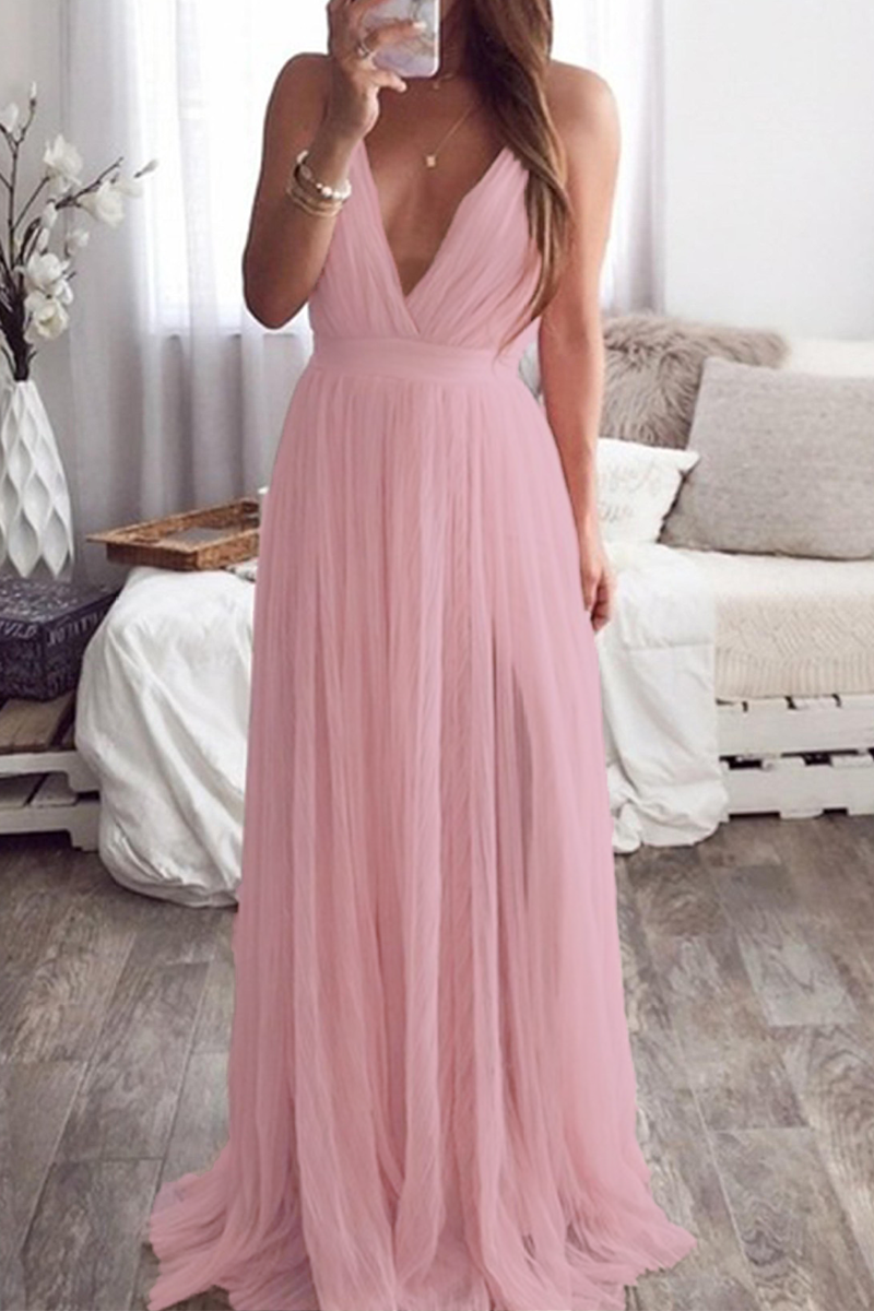 Vestidos de noche sexys de color sólido con espalda descubierta y escote en V de malla