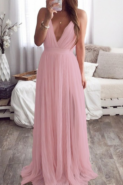 Vestidos de noche sexys de color sólido con espalda descubierta y escote en V de malla