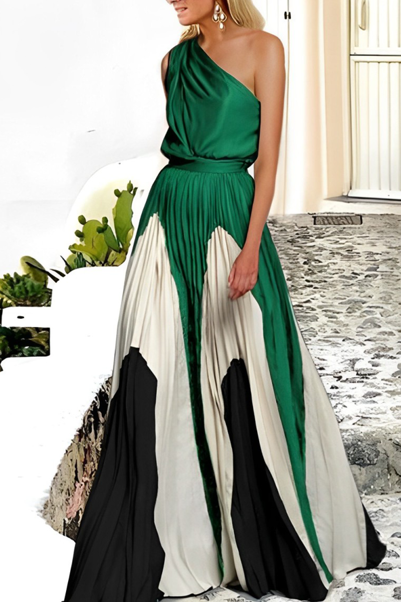 Elegante vestido de moda con falda y cuello oblicuo en contraste de patchwork (7 colores)