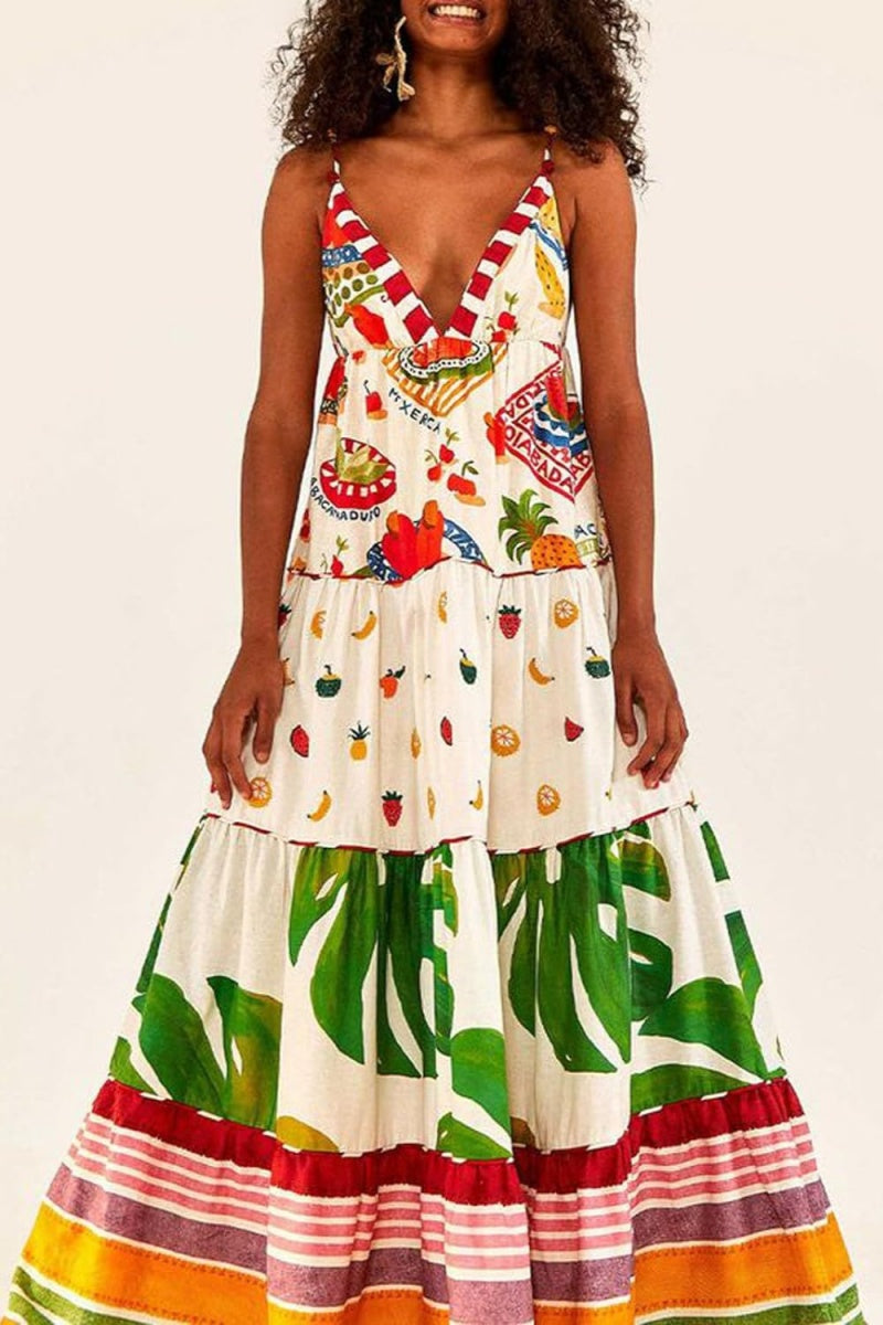 Vestidos largos sexis informales con estampado, sin espalda y escote en V profundo