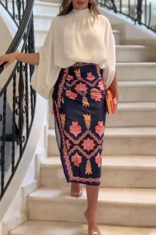 Celebridades Elegante Estampado de Flores Abertura Medio Cuello Alto Manga Larga Dos Piezas