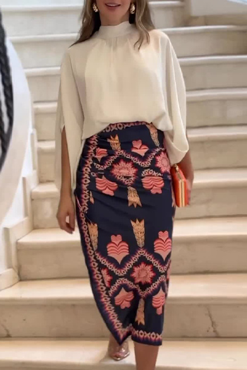 Celebridades Elegante Estampado de Flores Abertura Medio Cuello Alto Manga Larga Dos Piezas