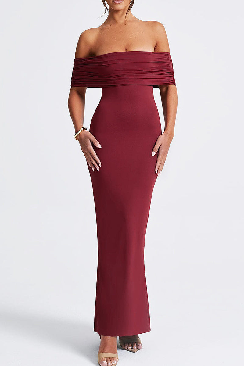 Celebrities Solid Color Hollow Out Patchwork Backless Ruched Off Shoulder Long Dresses