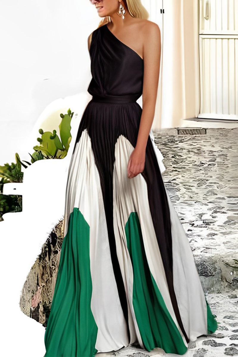 Elegante vestido de moda con falda y cuello oblicuo en contraste de patchwork (7 colores)