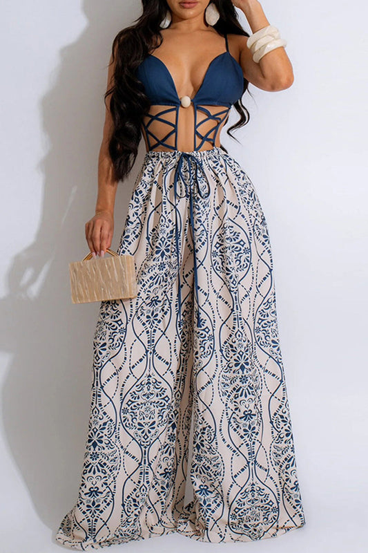 Mono holgado con tirantes finos, espalda descubierta y estampado sexy de patchwork calado
