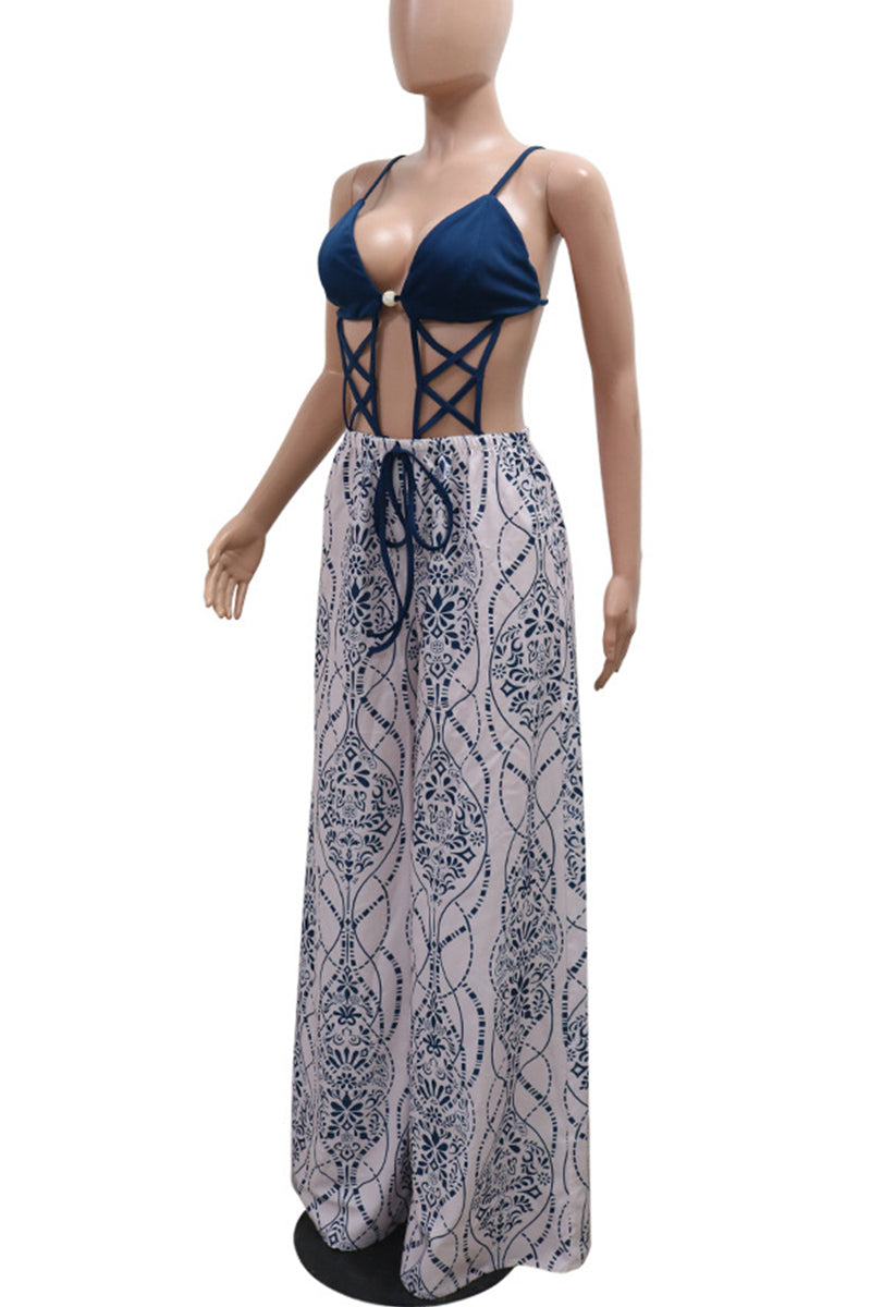 Mono holgado con tirantes finos, espalda descubierta y estampado sexy de patchwork calado