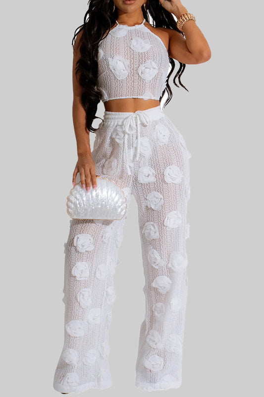 Traje de baño informal con estampado de flores y patchwork, transparente, sin espalda, con tirantes cruzados, diseño de tirantes, estilo halter, sin mangas, dos piezas
