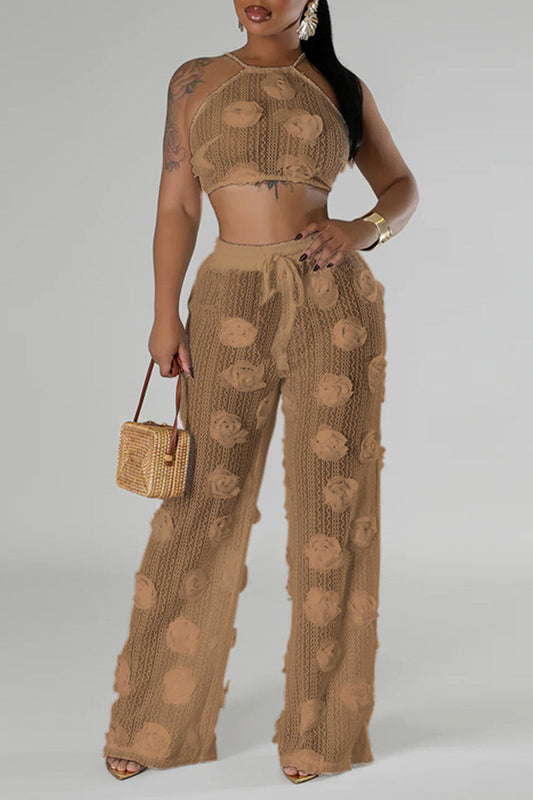 Traje de baño informal con estampado de flores y patchwork, transparente, sin espalda, con tirantes cruzados, diseño de tirantes, estilo halter, sin mangas, dos piezas