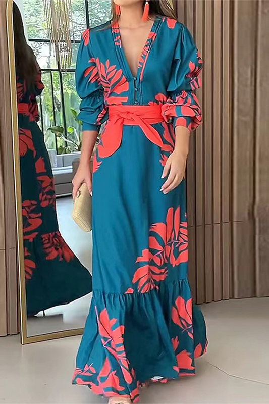 Vestidos casuales con estampado floral, cordones, volantes y cuello en V