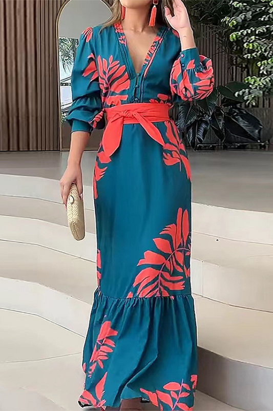 Vestidos casuales con estampado floral, cordones, volantes y cuello en V