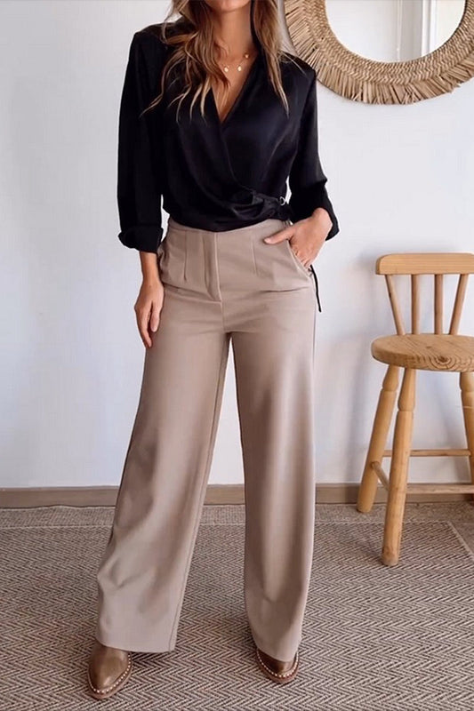Conjunto informal de dos piezas con cuello en V, manga larga, color liso, bolsillos y botones para uso diario.
