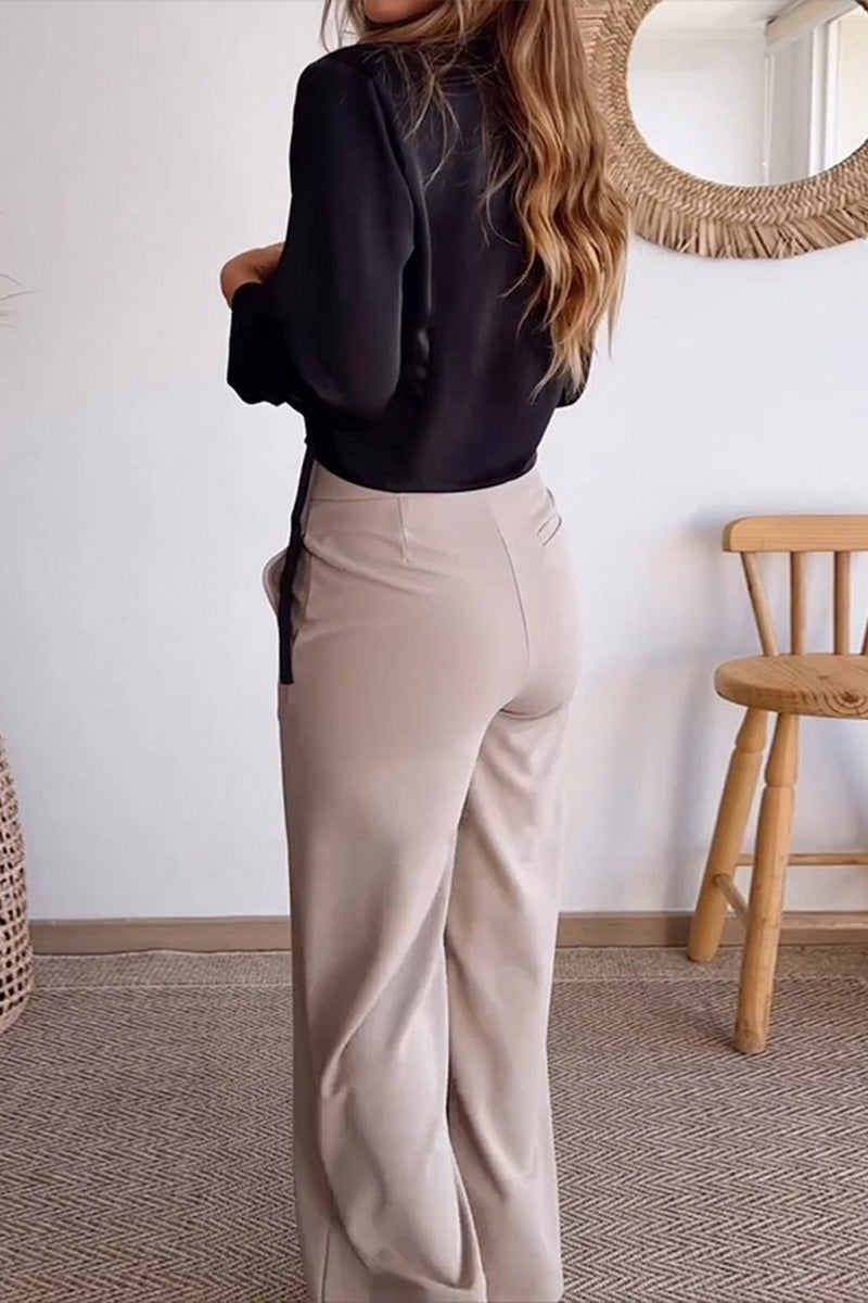 Conjunto informal de dos piezas con cuello en V, manga larga y bolsillos con botones para uso diario