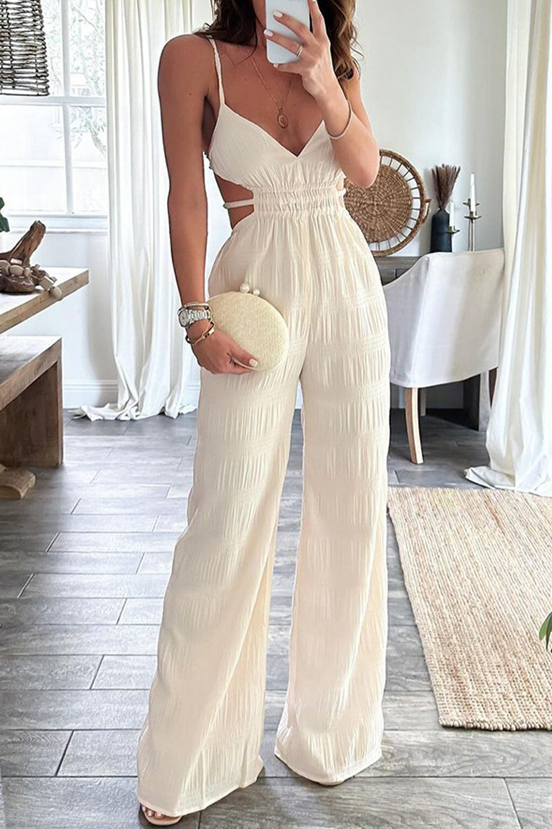 Mono sexy de color sólido con espalda descubierta y textura con cuello en V