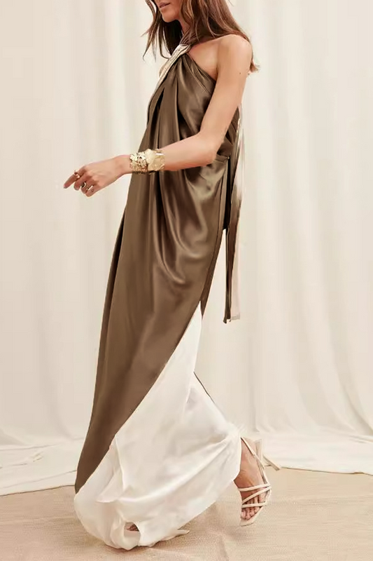 Vestidos casuales con cuello halter, contraste irregular y patchwork con bloques de color