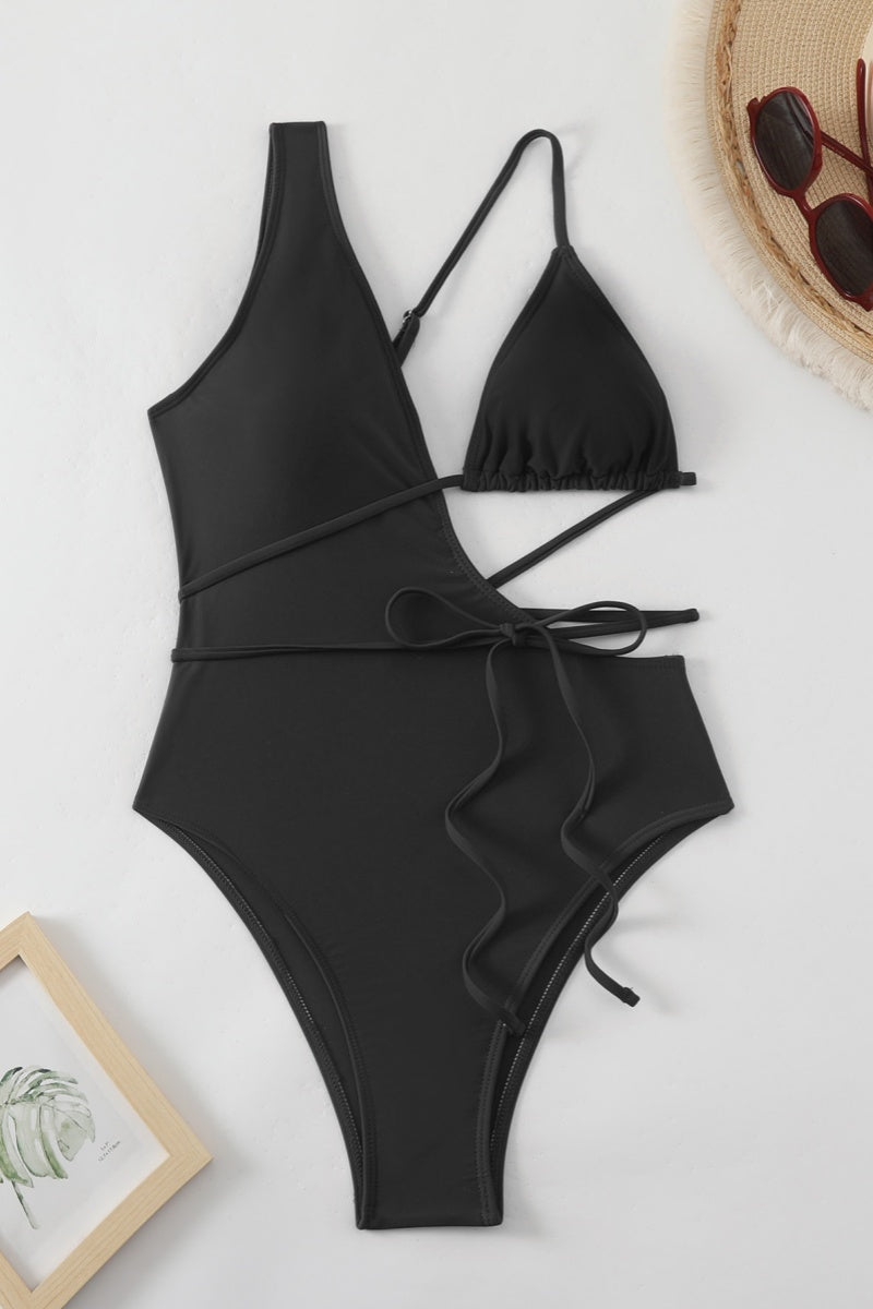 Traje de baño sexy de color sólido con espalda descubierta y cinturón (con relleno)