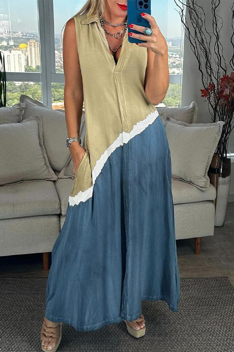 Vestidos casuales sin mangas con cuello vuelto, patchwork, bolsillos y bloques de color (4 colores)