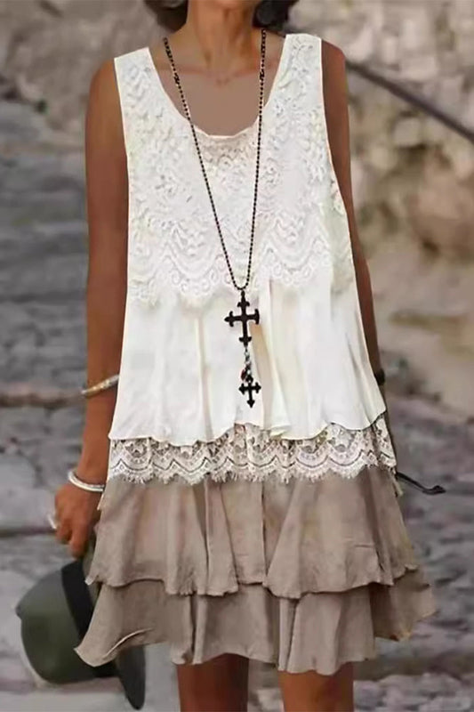 Vestidos casuales sin mangas con cuello redondo y volantes de patchwork de color sólido