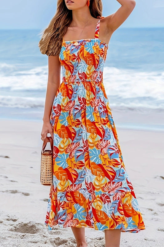 Vestidos casuales de vacaciones con estampado floral, encaje, cuello cuadrado y tirantes