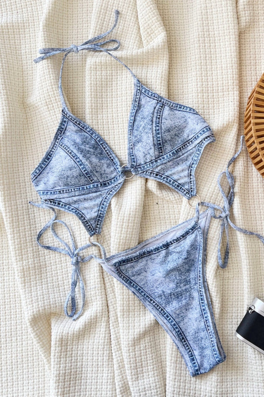 Traje de baño sexy con estampado de mezclilla sintética, sin espalda, con cinturón (con relleno)