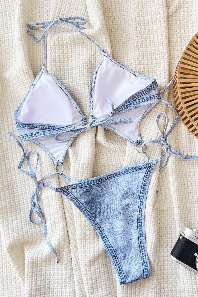 Traje de baño sexy con estampado de mezclilla sintética, sin espalda, con cinturón (con relleno)