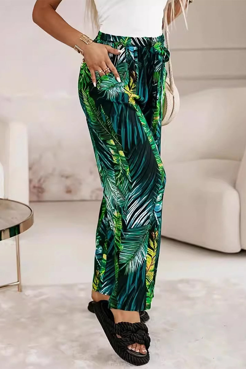 Pantalones casuales de vacaciones con estampado de hojas, bolsillo en contraste, sueltos, de cintura alta, rectos, con estampado completo