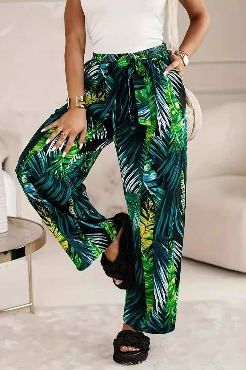 Pantalones casuales de vacaciones con estampado de hojas, bolsillo en contraste, sueltos, de cintura alta, rectos, con estampado completo