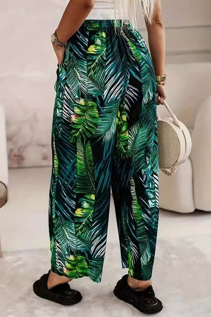 Pantalones casuales de vacaciones con estampado de hojas, bolsillo en contraste, sueltos, de cintura alta, rectos, con estampado completo