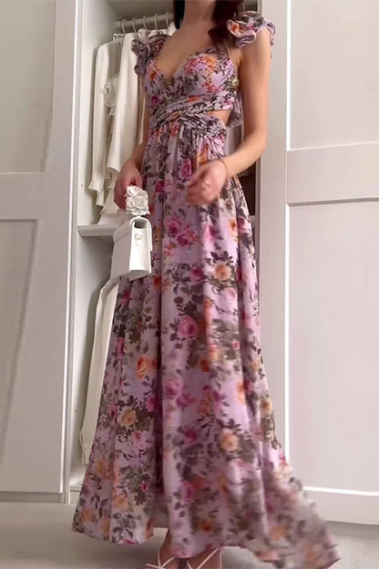 Vestidos sexis de vacaciones con estampado floral, espalda descubierta, tirantes y cuello en V