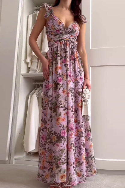 Vestidos sexis de vacaciones con estampado floral, espalda descubierta, tirantes y cuello en V