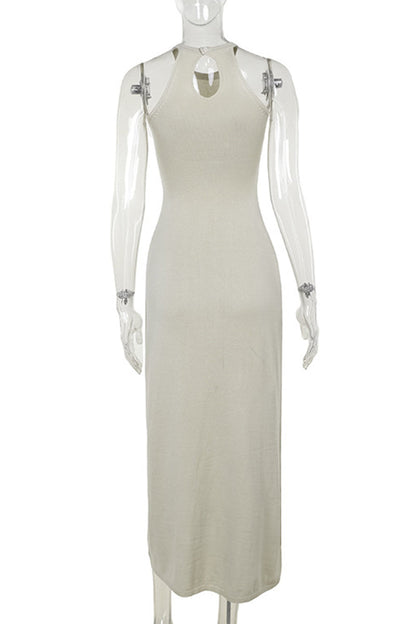 Vestidos sexis de punto con abertura en color liso y cuello halter sin mangas