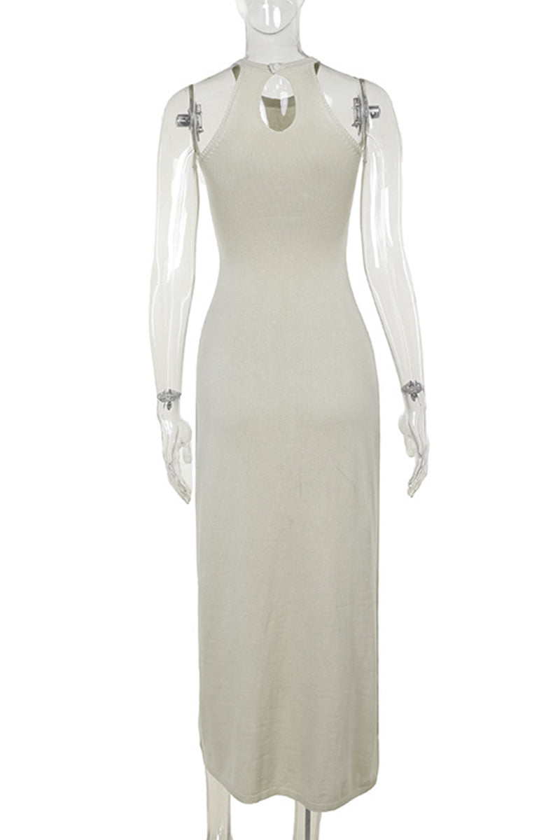 Vestidos sexis de punto con abertura en color liso y cuello halter sin mangas