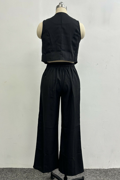 Conjunto informal de dos piezas con cuello en V, sin mangas, botones y color liso (4 colores)